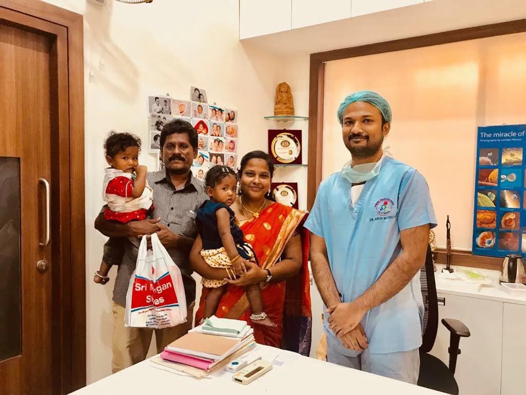 Parents with twin baby girls born through IVF fertility treatment at Iswarya Fertility Centre Chennai
